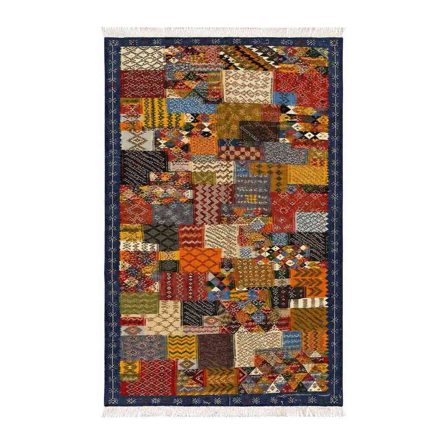 Tapis Jacquard patchwork dense à bordure bleu marine