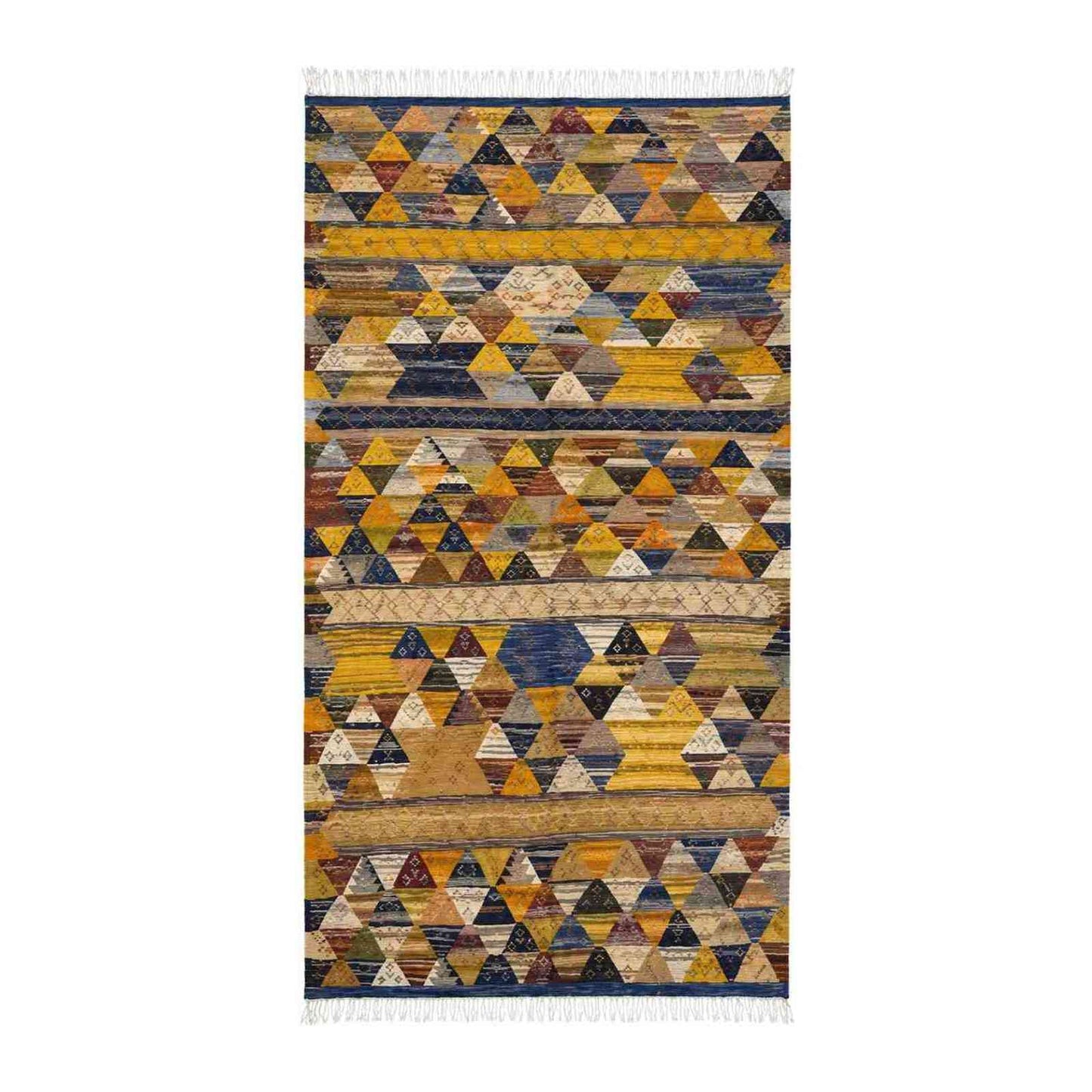 Tapis Jacquard triangles safran et bleu nuit graphique
