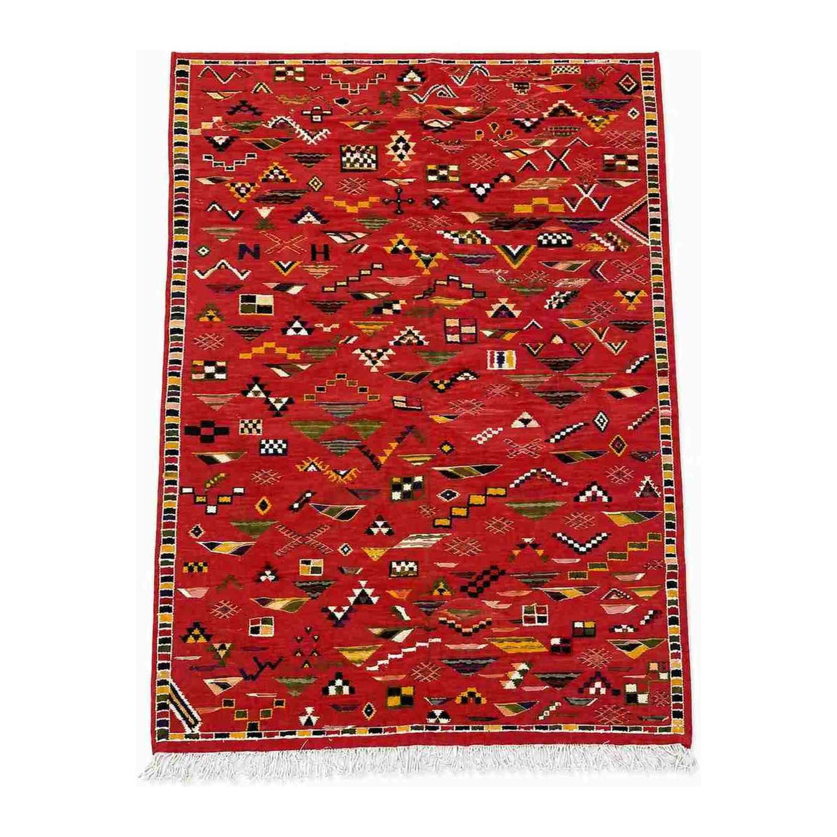 Tapis Akhnif rouge à symboles berbères – bordure damier