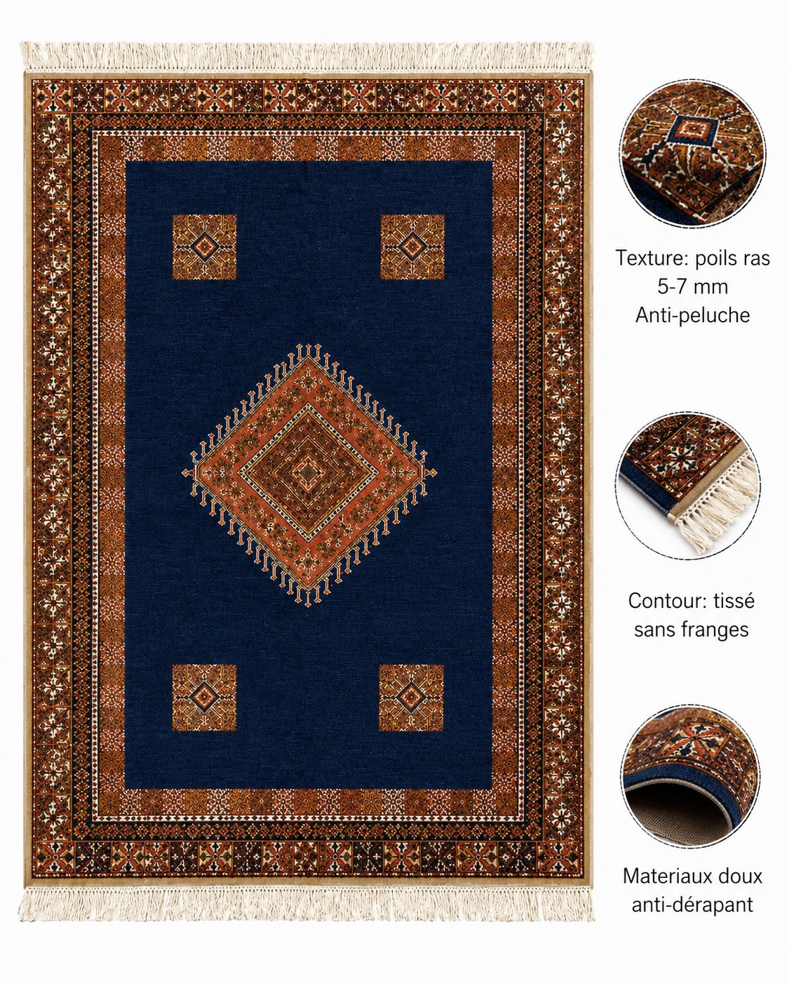 Infographie des caractéristiques d'un tapis Akhnif bleu nuit : poils ras 5-7 mm, doux, anti-dérapant