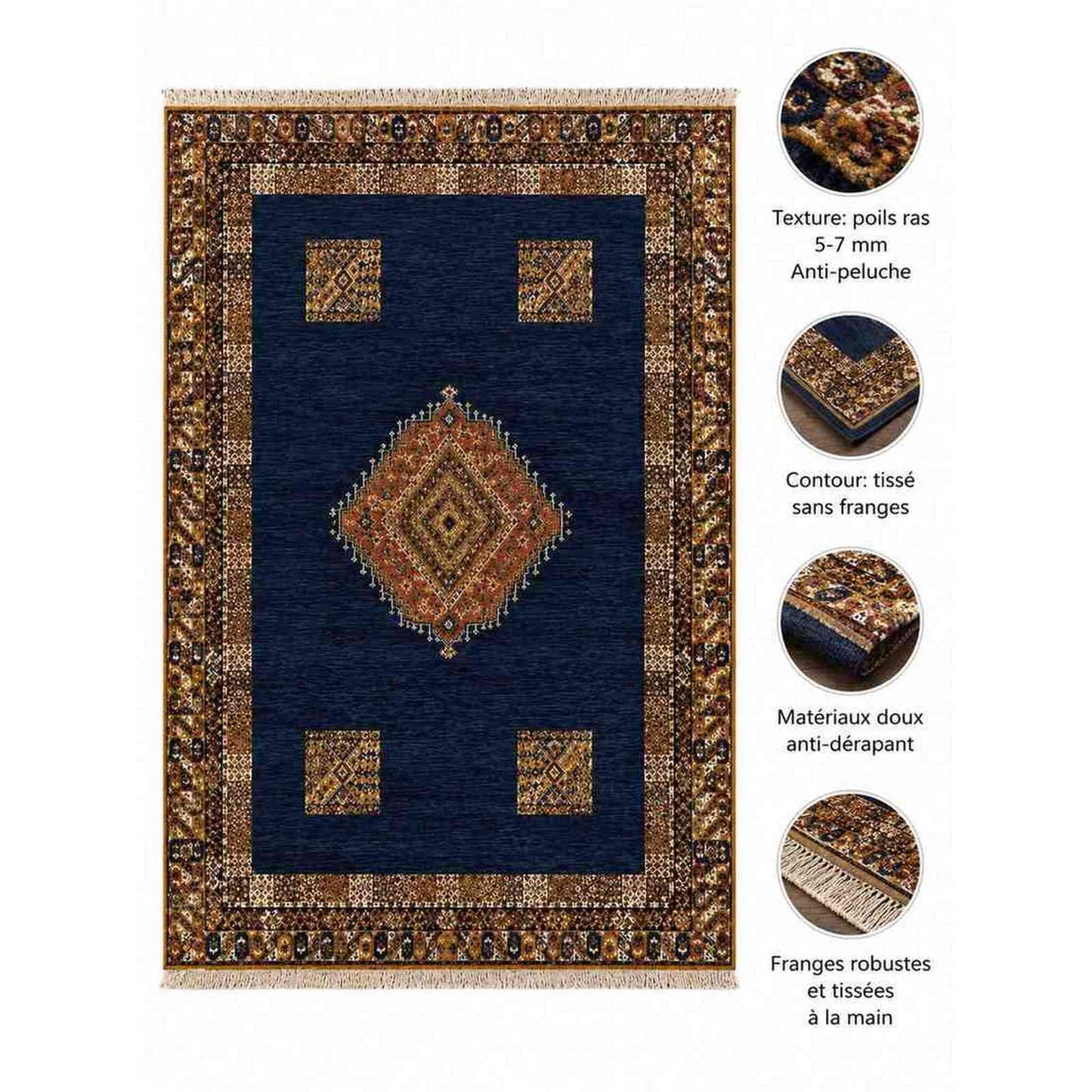 Tapis Aït Ouaouzguite bleu marine à médaillon or central