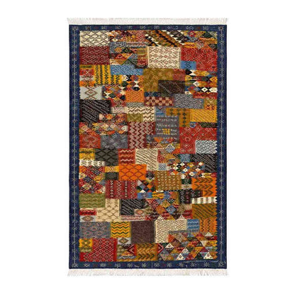 Tapis Jacquard patchwork dense à bordure bleu marine