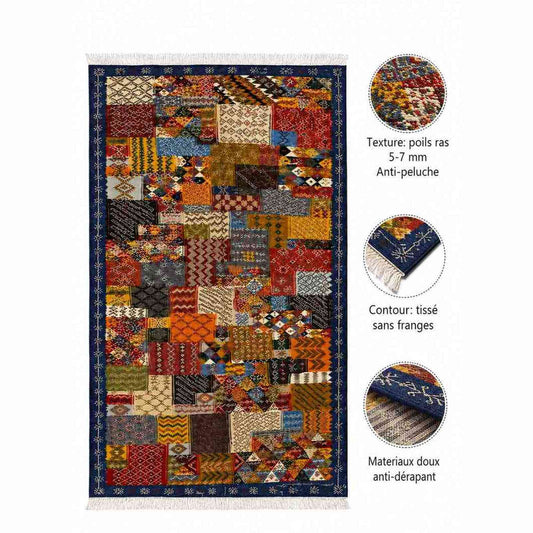 Tapis Jacquard patchwork dense à bordure bleu marine