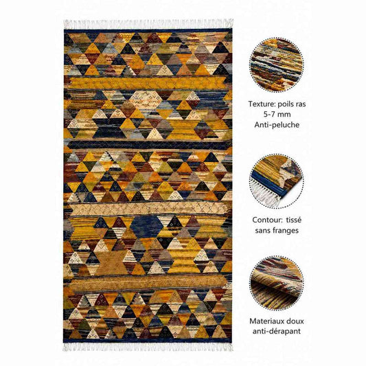 Tapis Jacquard triangles safran et bleu nuit graphique