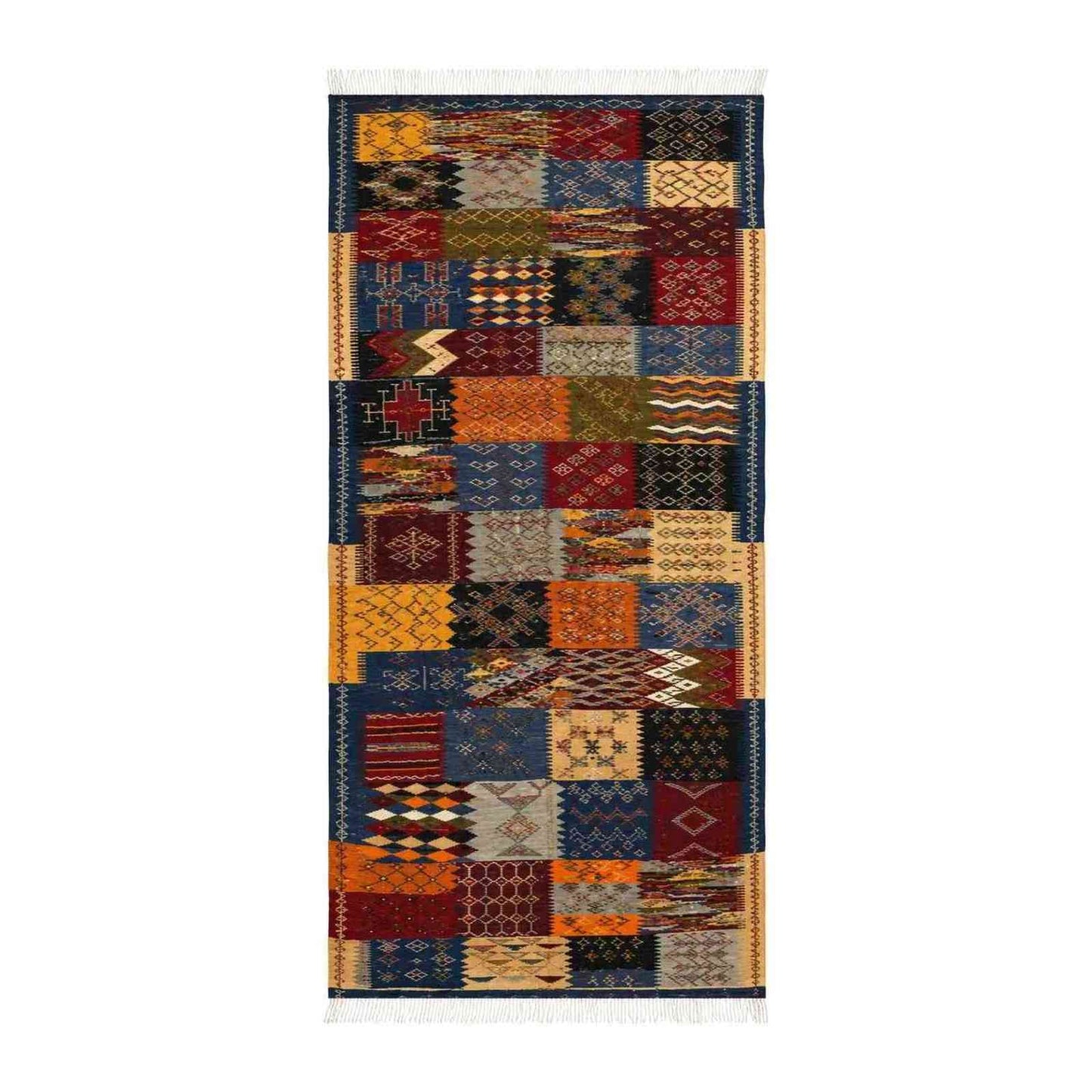 Tapis Jacquard patchwork blocs bleu nuit et safran