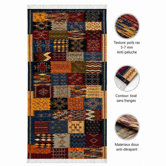 Tapis Jacquard patchwork blocs bleu nuit et safran