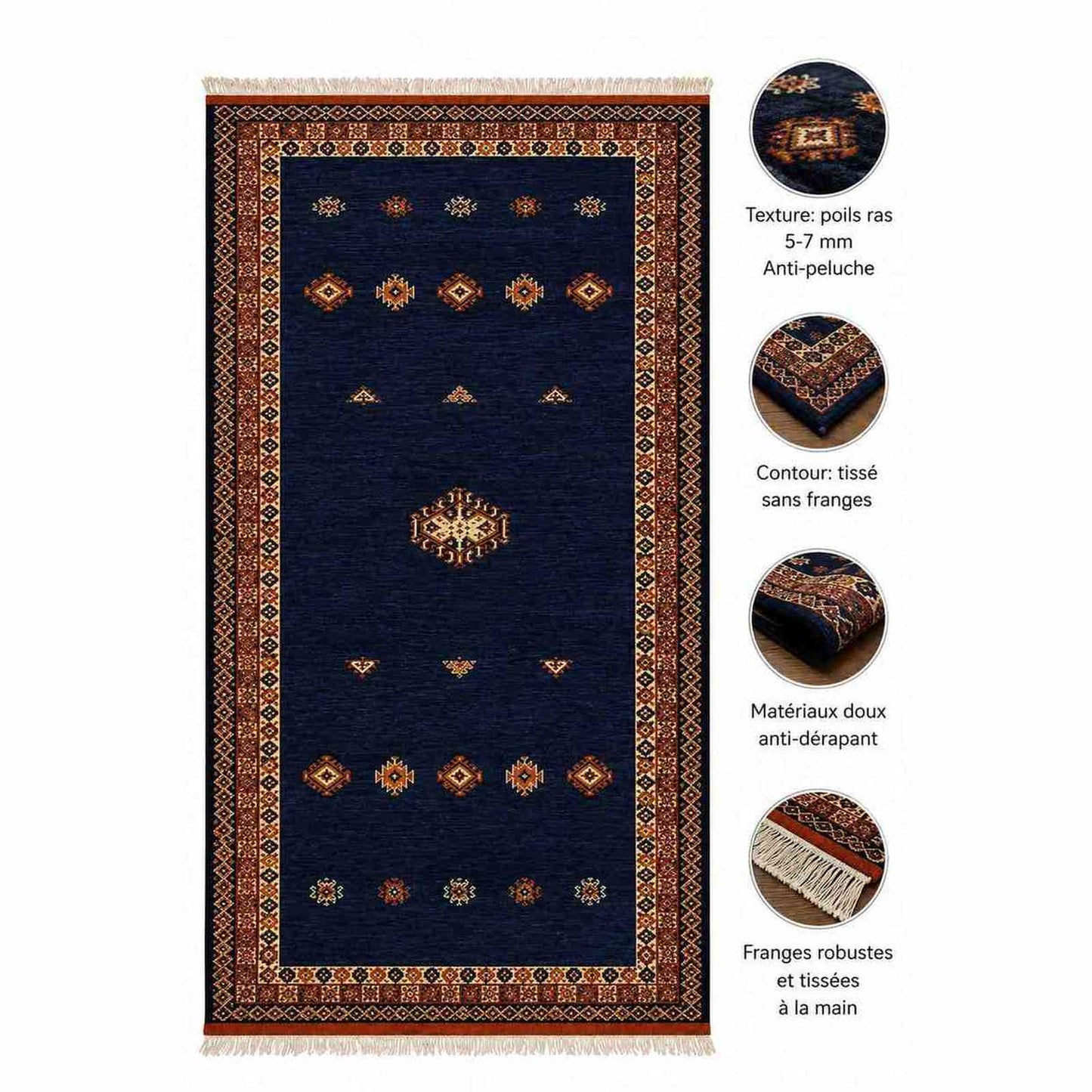 Tapis Ouarzigha bleu marine à bordure orientale ornée