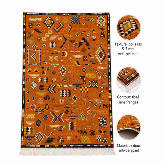 Tapis Akhnif orange terracotta à symboles berbères