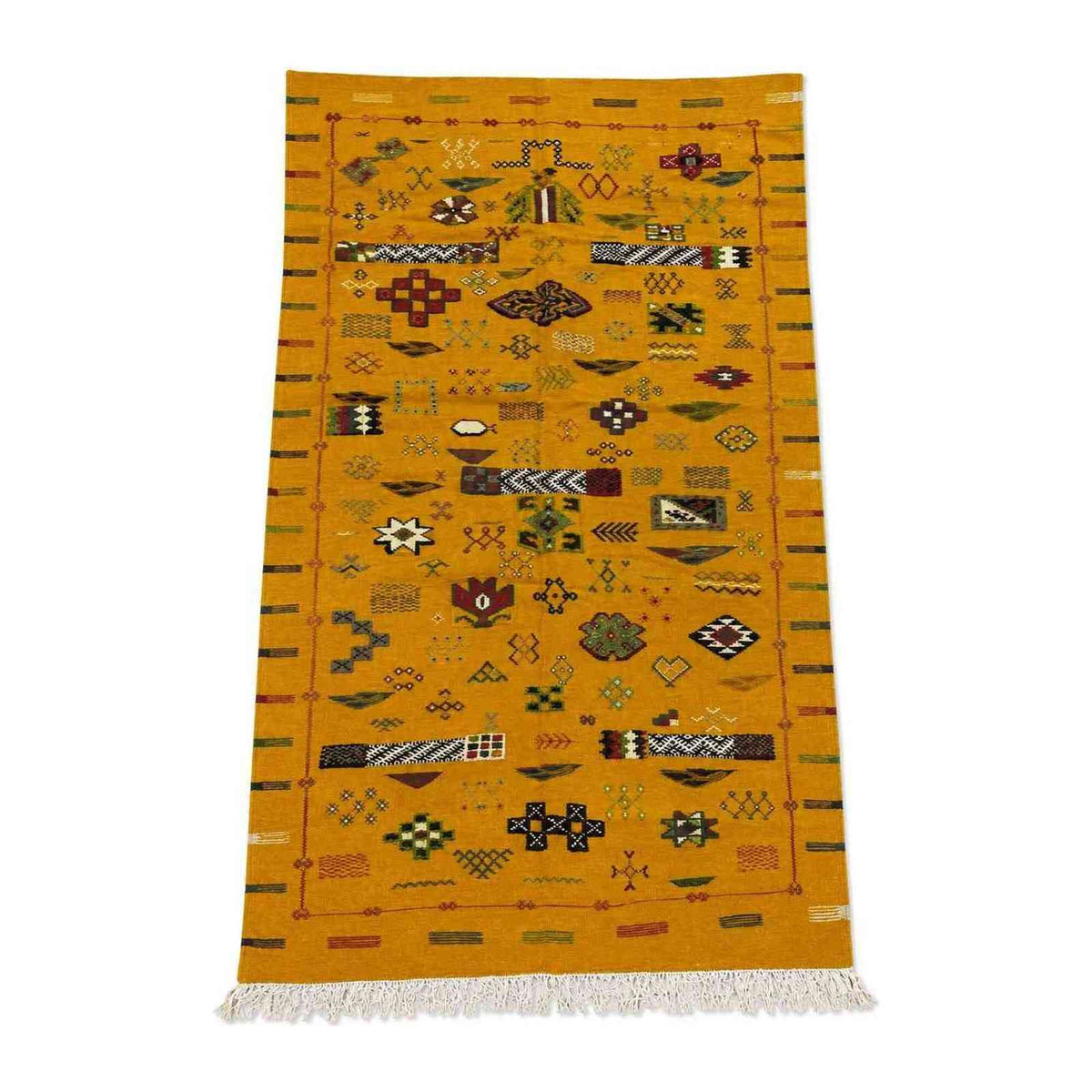 Tapis Akhnif jaune moutarde à symboles et bandes sumak