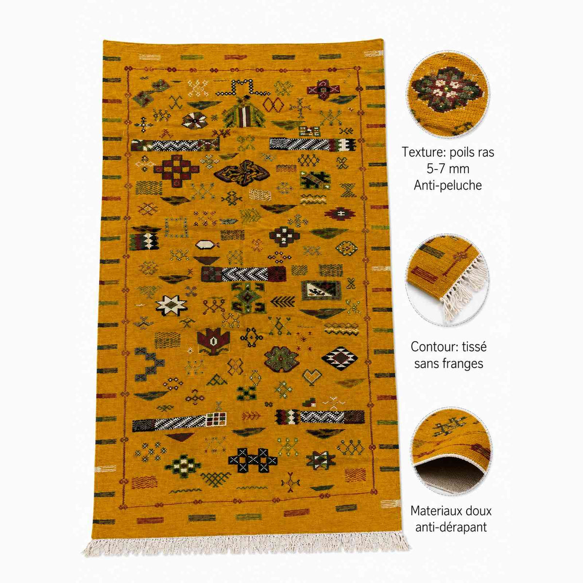 Tapis Akhnif jaune moutarde à symboles et bandes sumak
