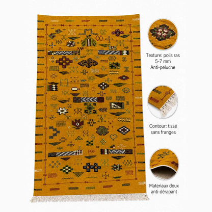 Tapis Akhnif jaune moutarde à symboles et bandes sumak