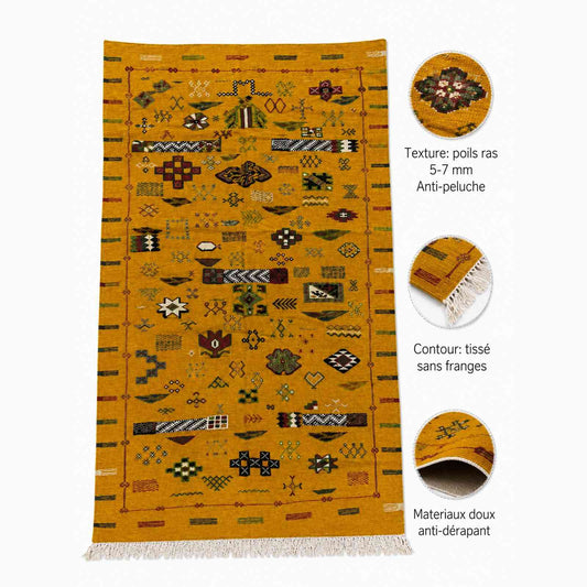 Tapis Akhnif jaune moutarde à symboles et bandes sumak