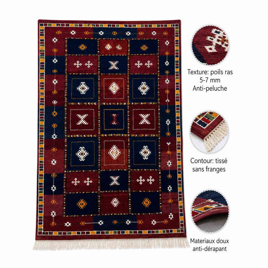 Tapis Akhnif bordeaux et bleu nuit à caissons