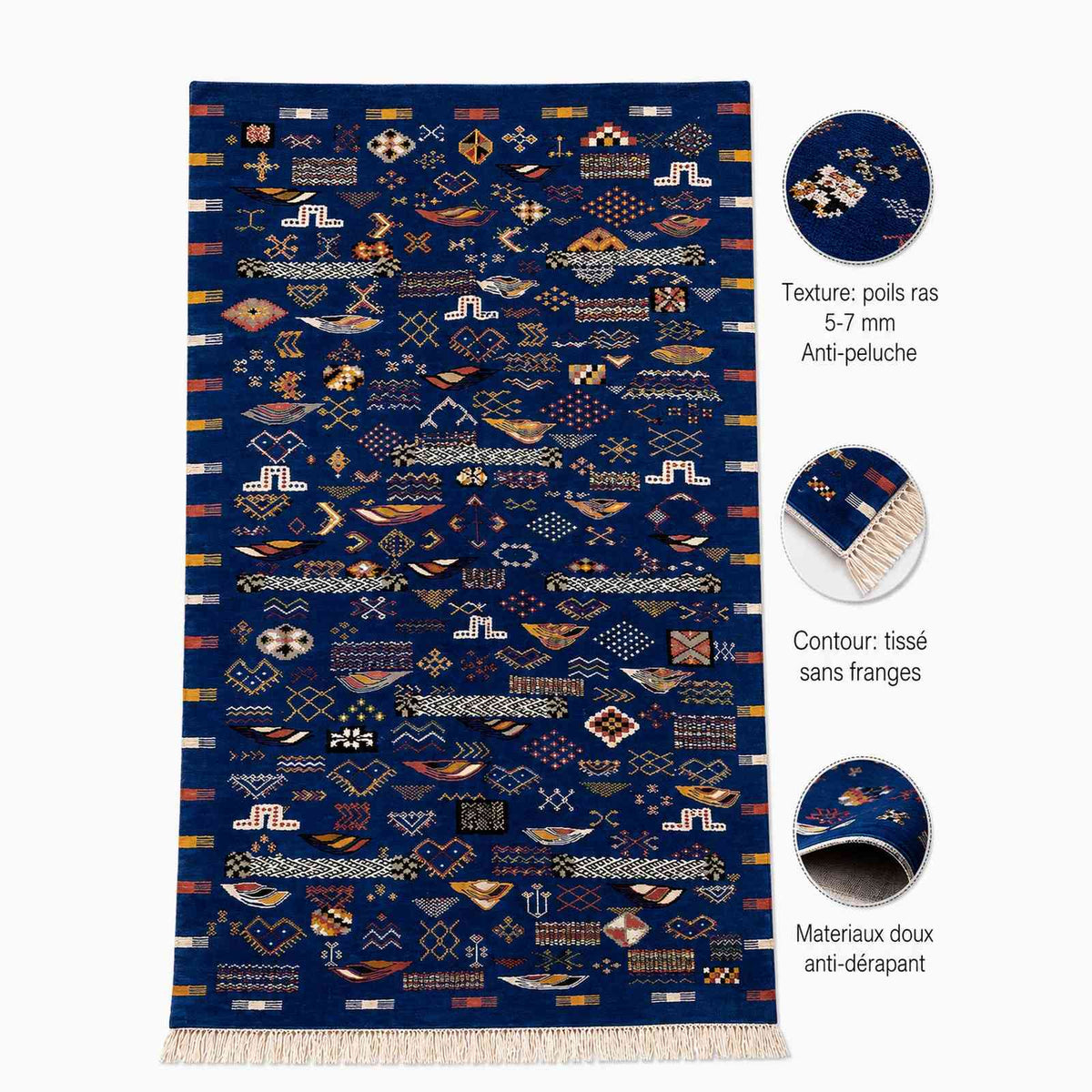Tapis Akhnif bleu roi à motifs berbères et barques stylisées