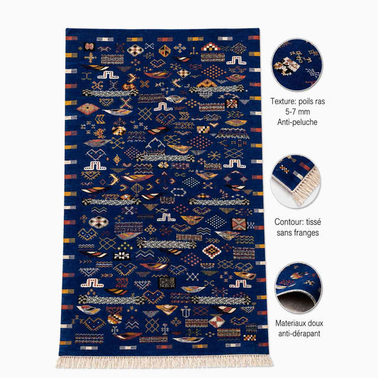 Tapis Akhnif bleu roi à motifs berbères et barques stylisées