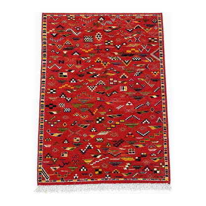 Tapis Akhnif rouge à symboles berbères – bordure damier