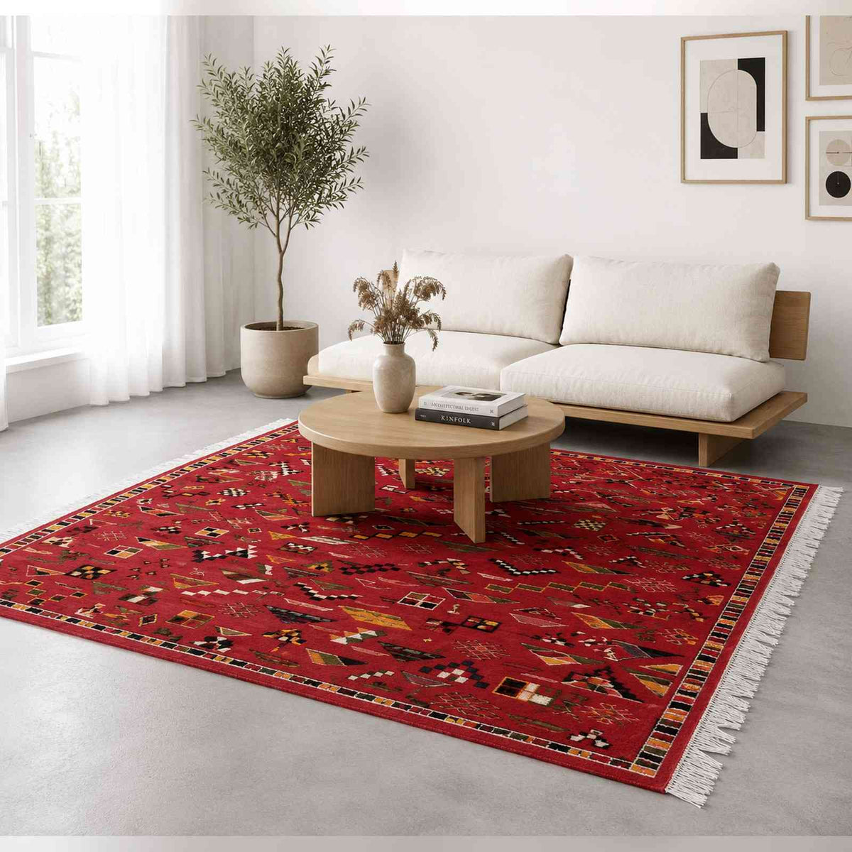 Tapis Akhnif rouge à symboles berbères – bordure damier
