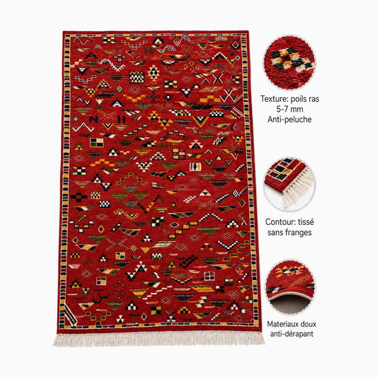 Tapis Akhnif rouge à symboles berbères – bordure damier