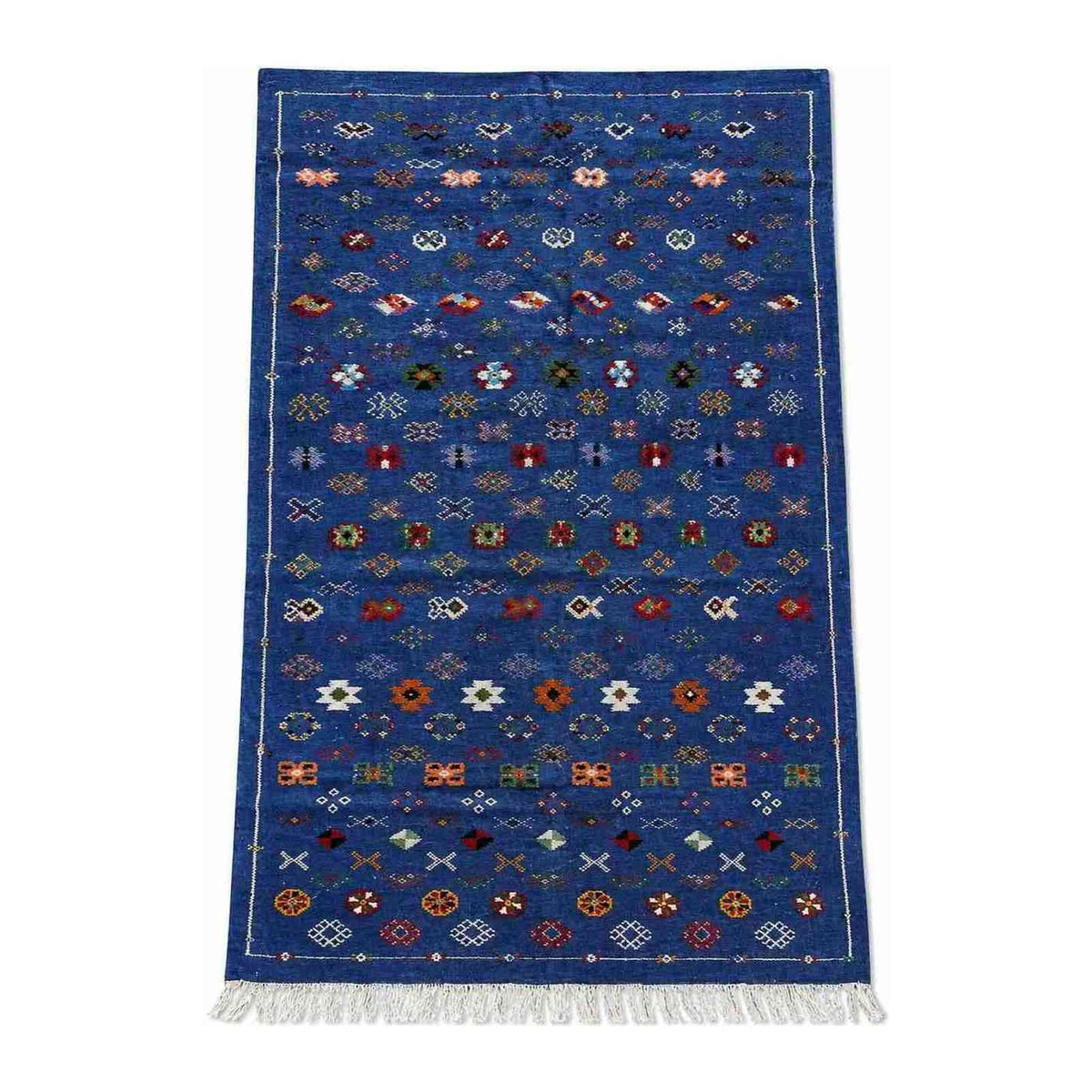 Tapis Akhnif bleu cobalt à semis de symboles berbères