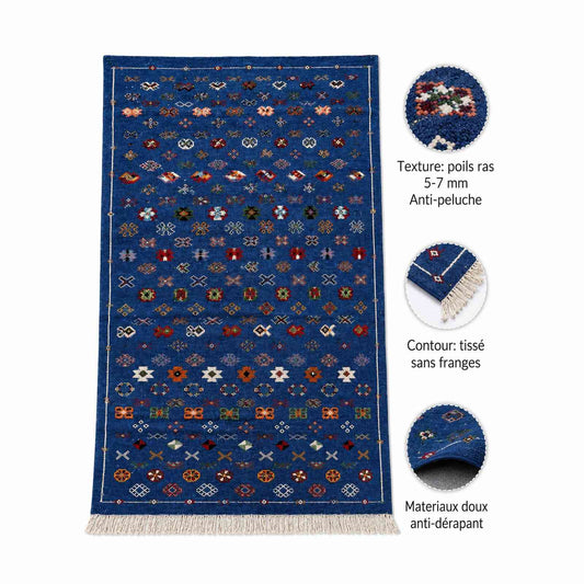 Tapis Akhnif bleu cobalt à semis de symboles berbères