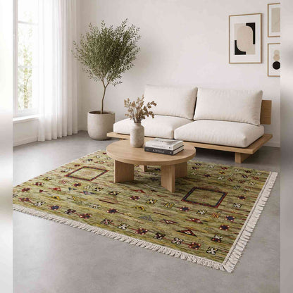 Tapis Akhnif vert anis à panneaux et médaillons berbères