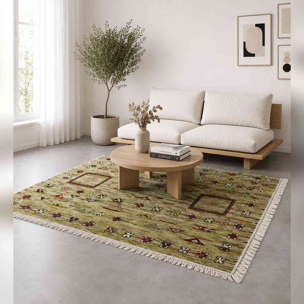Tapis Akhnif vert anis à panneaux et médaillons berbères