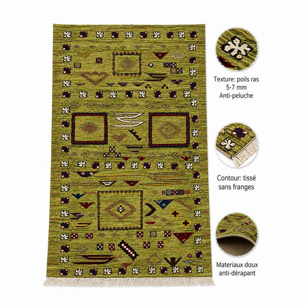 Tapis Akhnif vert anis à panneaux et médaillons berbères