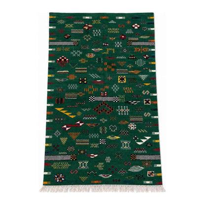 Tapis Akhnif vert émeraude à symboles berbères
