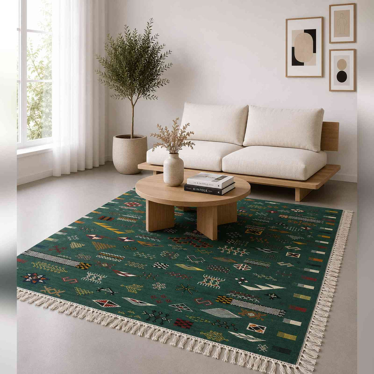 Tapis Akhnif vert émeraude à symboles berbères