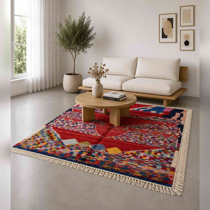 Tapis Mrirt rouge à chevrons et damiers colorés