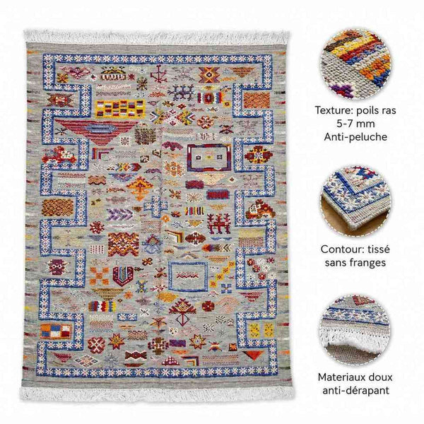 Tapis Kilim gris à motifs – tissé plat berbère polychrome