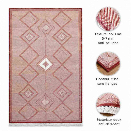 Tapis Zanafi rouge et écru – tissé plat losanges réversible