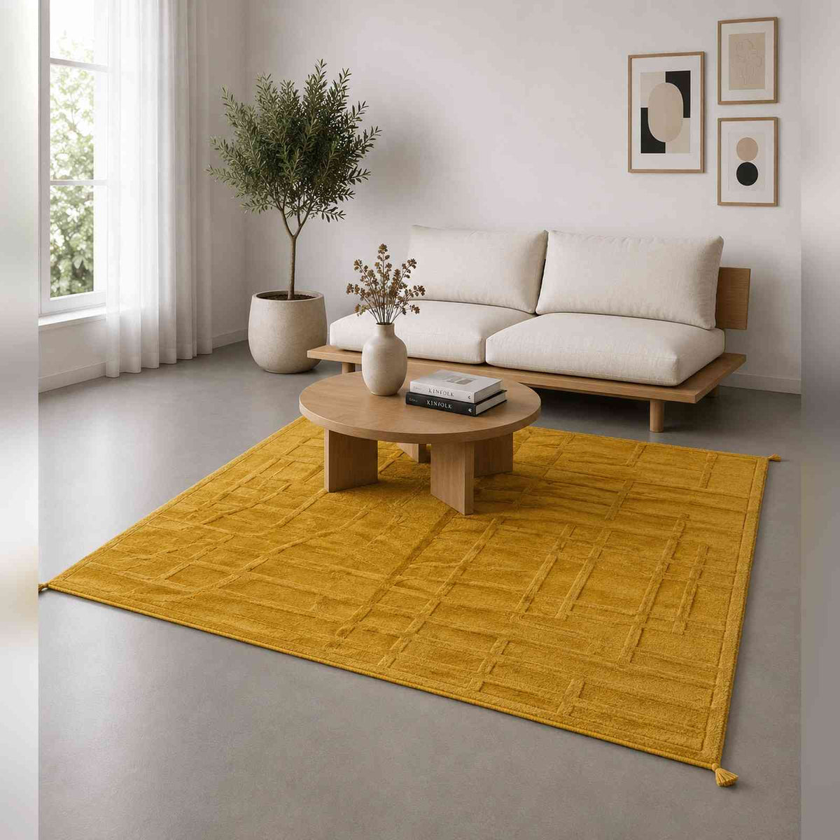 Tapis Mrirt jaune moutarde uni à motif en relief