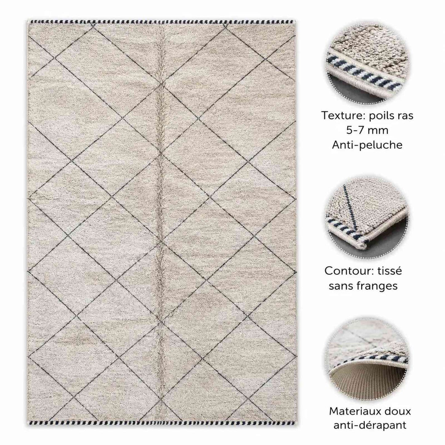 Tapis Zanafi écru minimaliste – tissé plat berbère losange