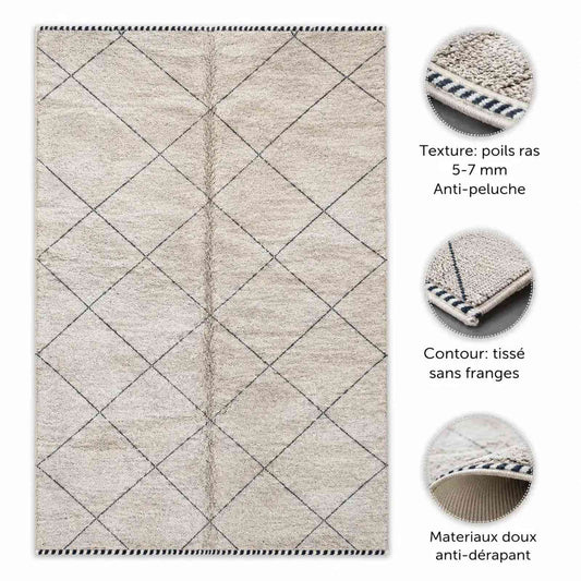 Tapis Zanafi écru minimaliste – tissé plat berbère losange