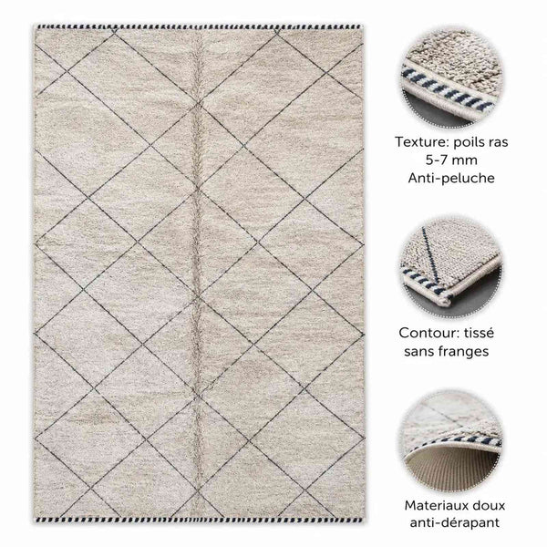 Tapis Zanafi écru minimaliste – tissé plat berbère losange