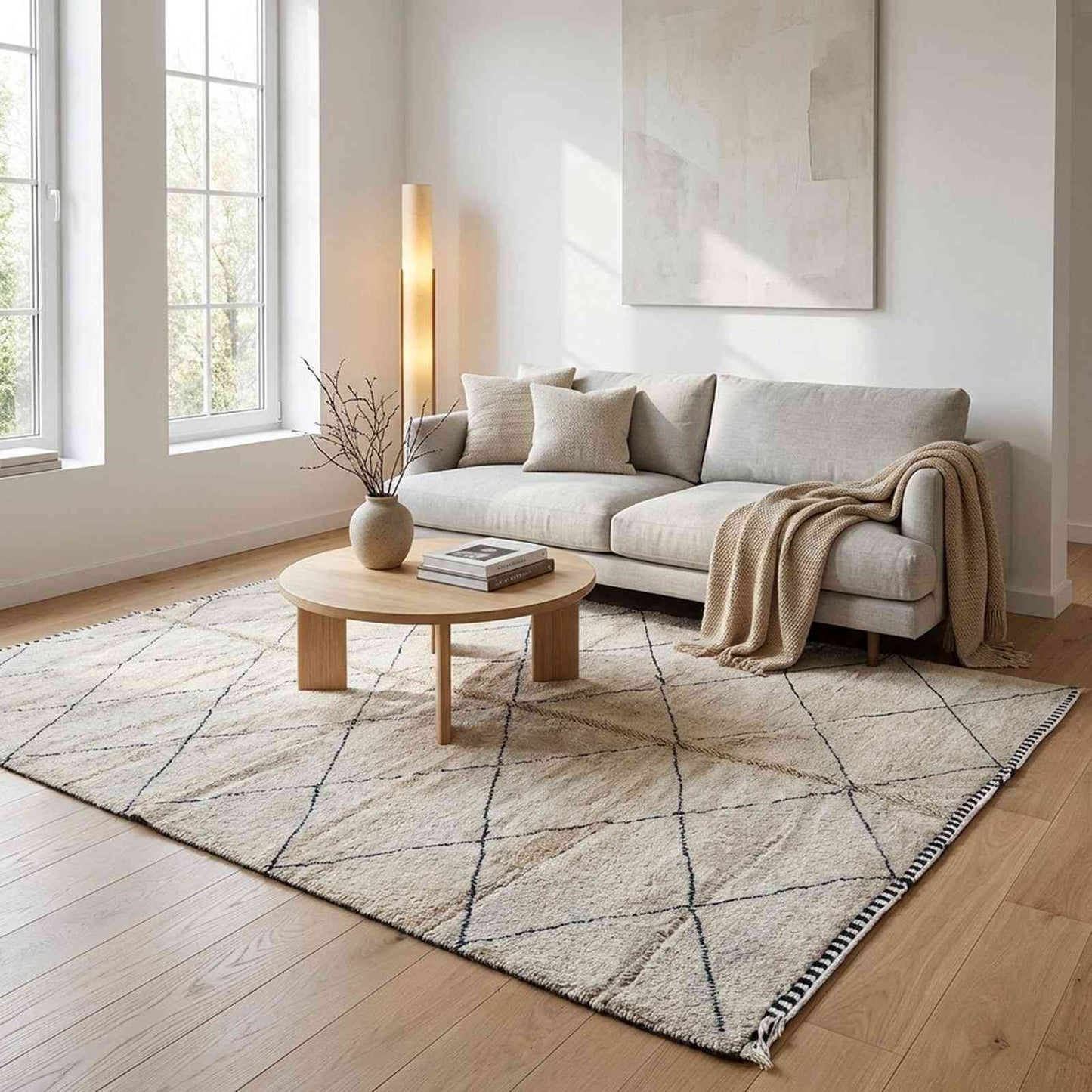 Tapis Zanafi écru minimaliste – tissé plat berbère losange