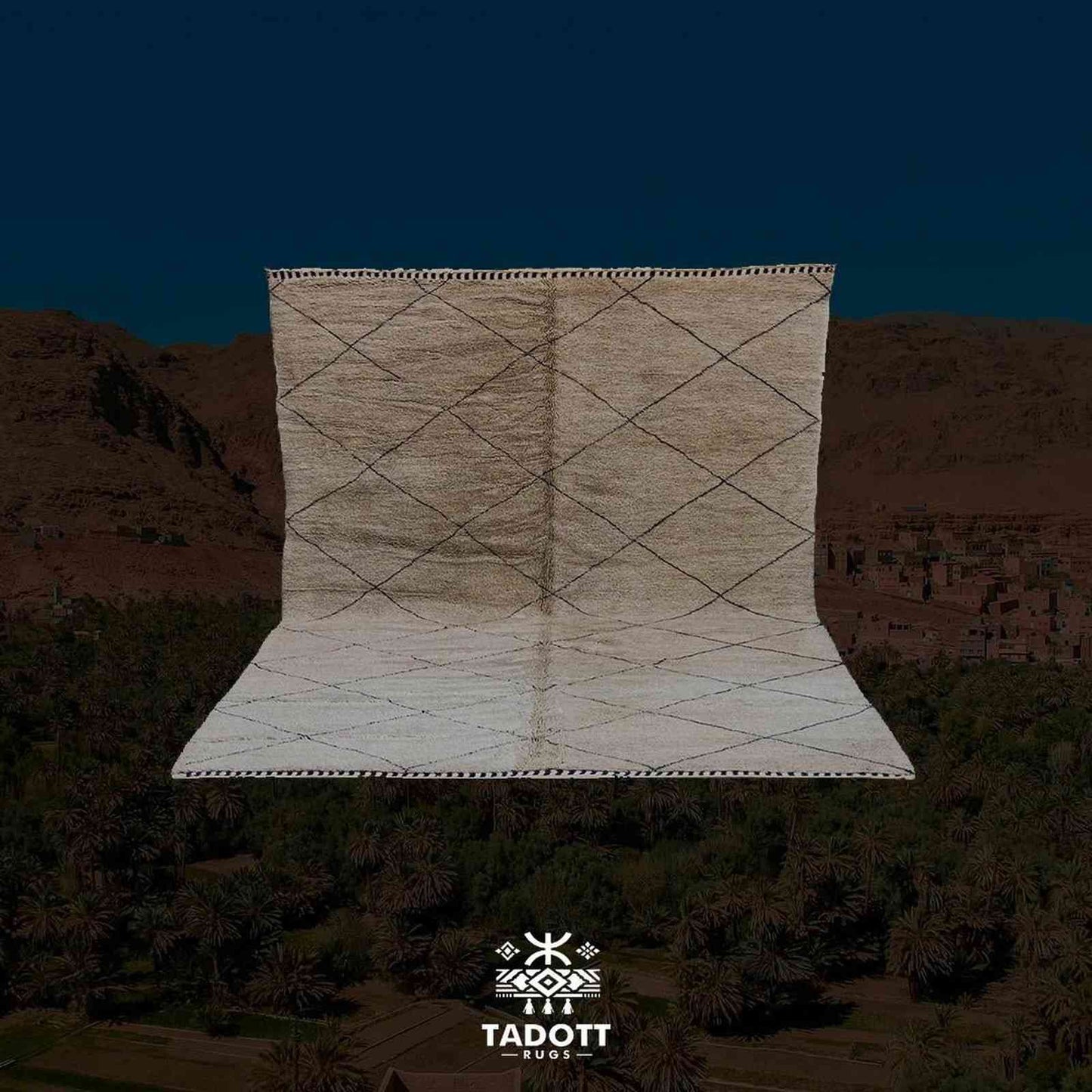 Tapis Zanafi écru minimaliste – tissé plat berbère losange