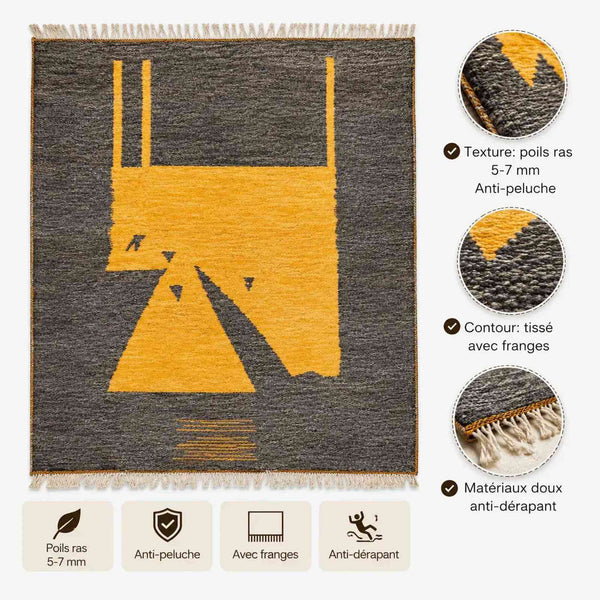 Tapis berbère écru contemporain – velours motifs bleu laine