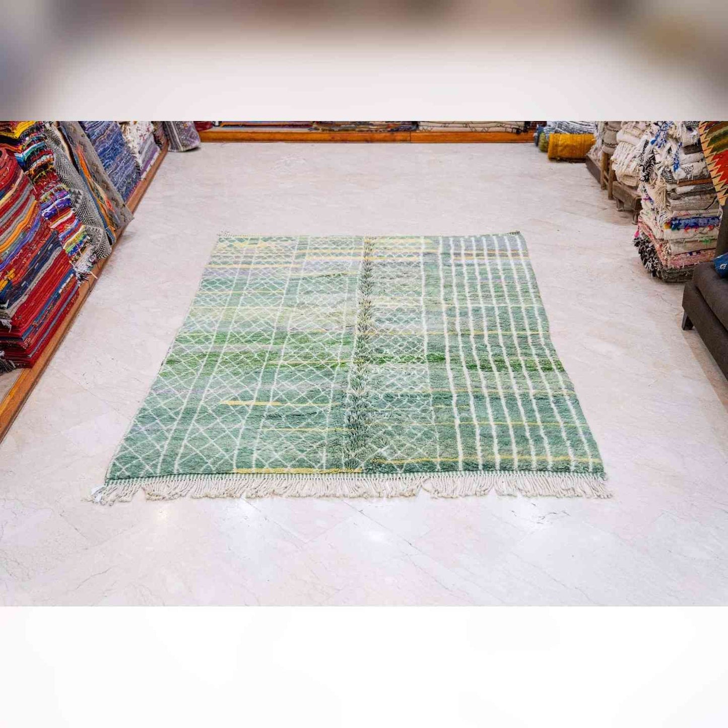 Tapis Mrirt vert losange – velours moelleux laine berbère