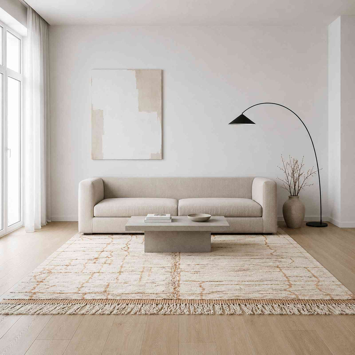 Tapis Mrirt écru à fines lignes rouille minimaliste