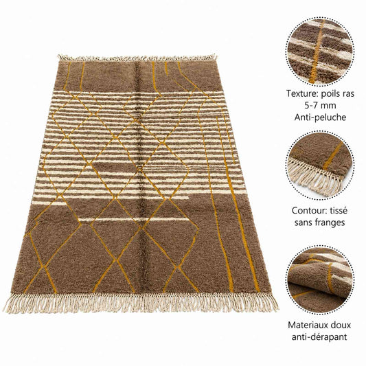 Tapis Mrirt bicolore écru et brun à tracés dorés
