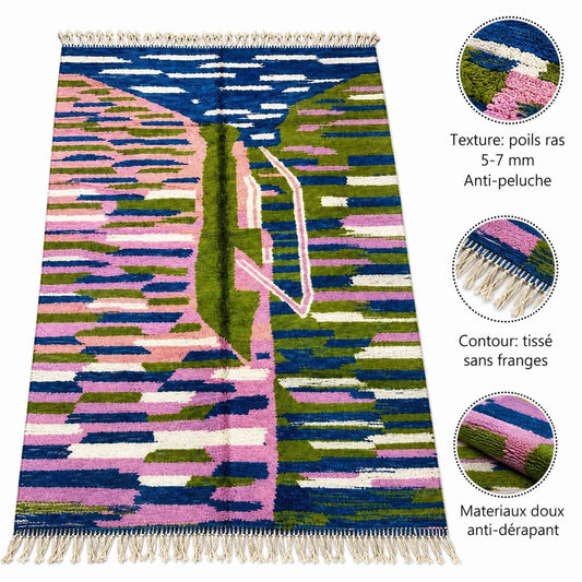 Tapis Mrirt bleu à touches vertes et roses abstraites