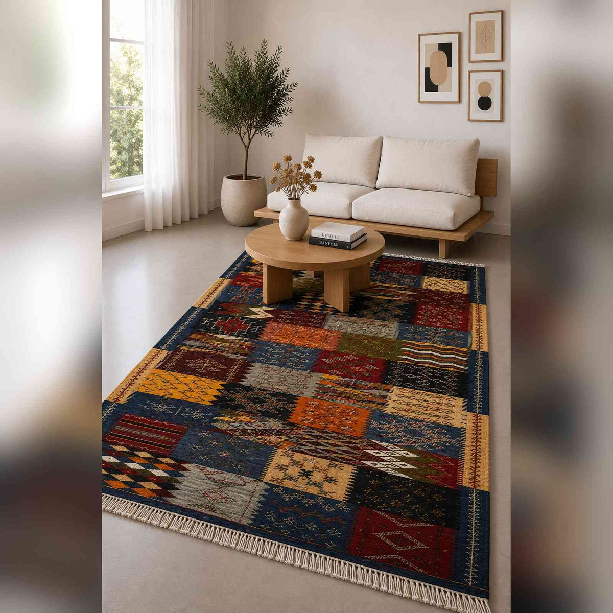 Tapis Jacquard patchwork blocs bleu nuit et safran