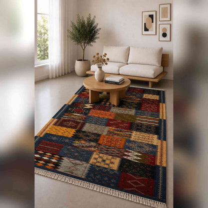 Tapis Jacquard patchwork blocs bleu nuit et safran
