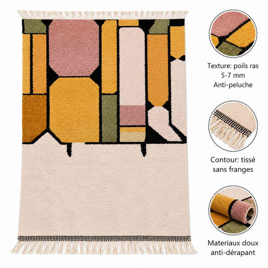 Tapis Mrirt écru à formes abstraites contemporaines