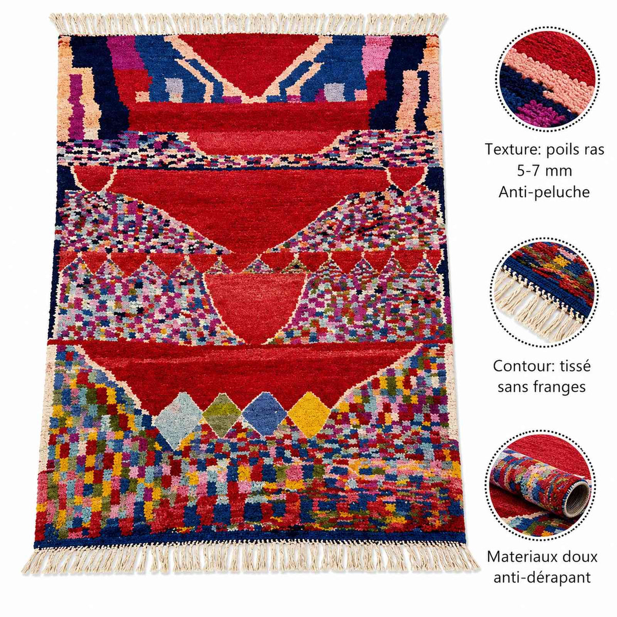 Tapis Mrirt rouge à chevrons et damiers colorés