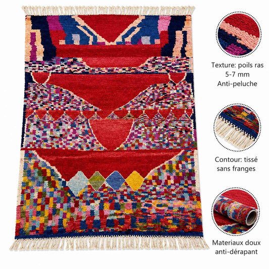 Tapis Mrirt rouge à chevrons et damiers colorés