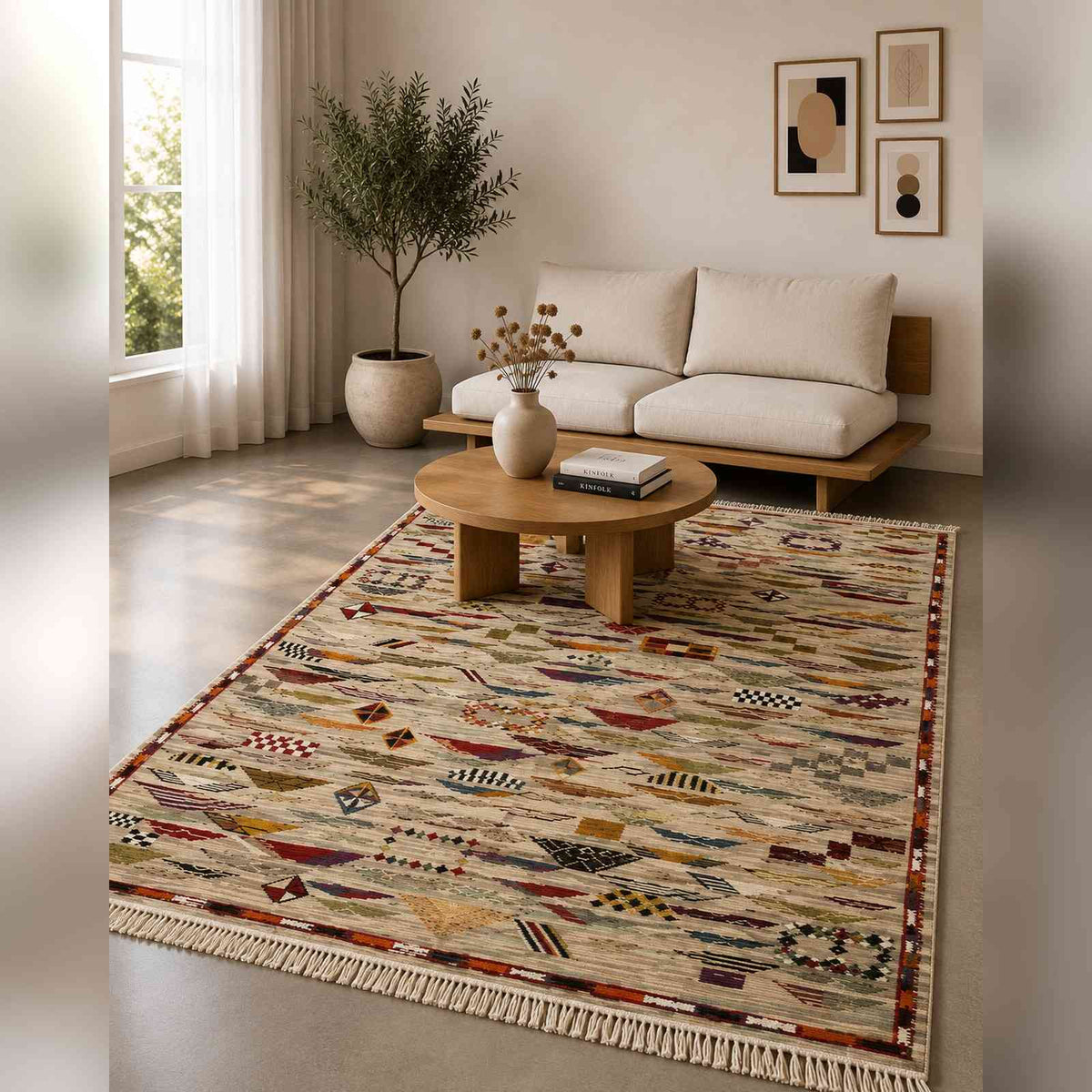 Tapis jaquard écru à symboles berbères