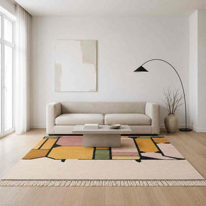 Tapis Mrirt écru à formes abstraites contemporaines